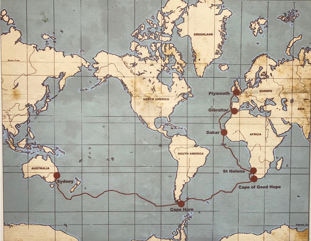 The 1868 sea voyage, from Australia, west across the Indian Ocean, around the Cape of Good Hope and north to England